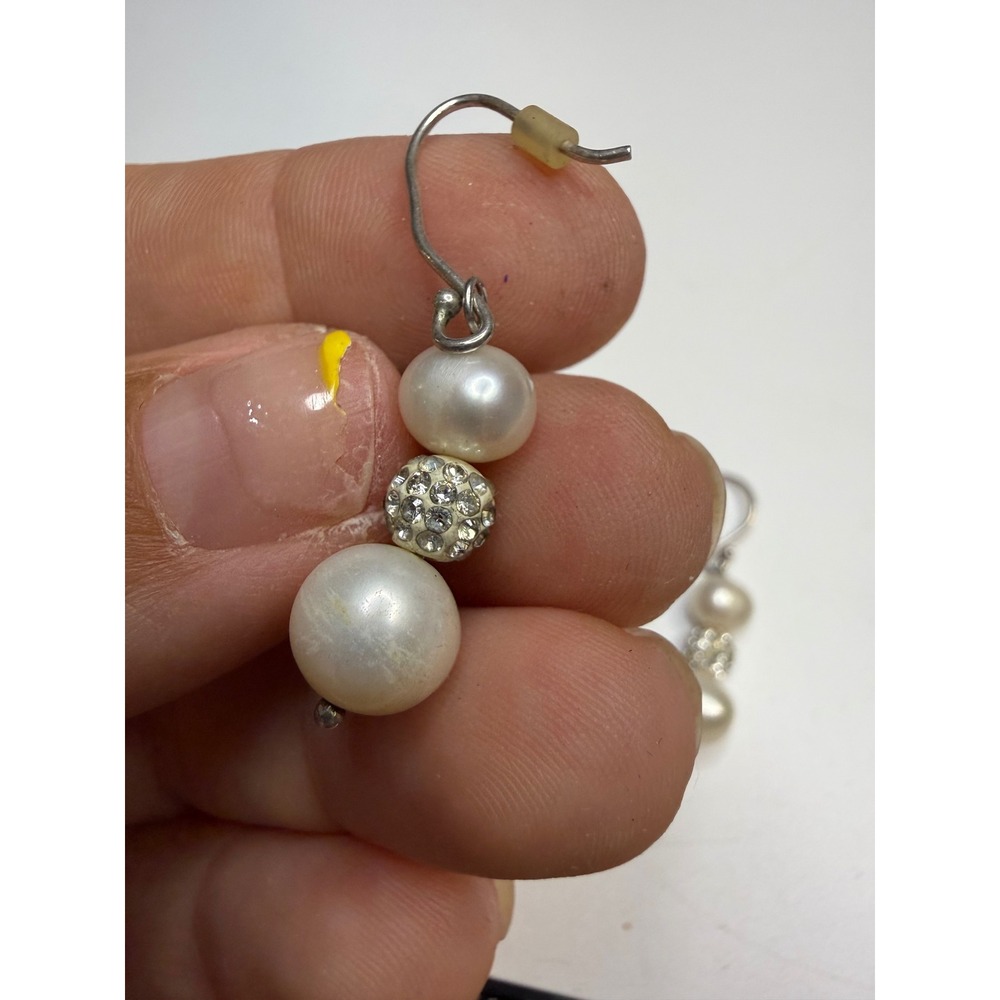 White Pearl Crystal Pave Disco Ball Drop Earrings Silver Tone French Wire Hook